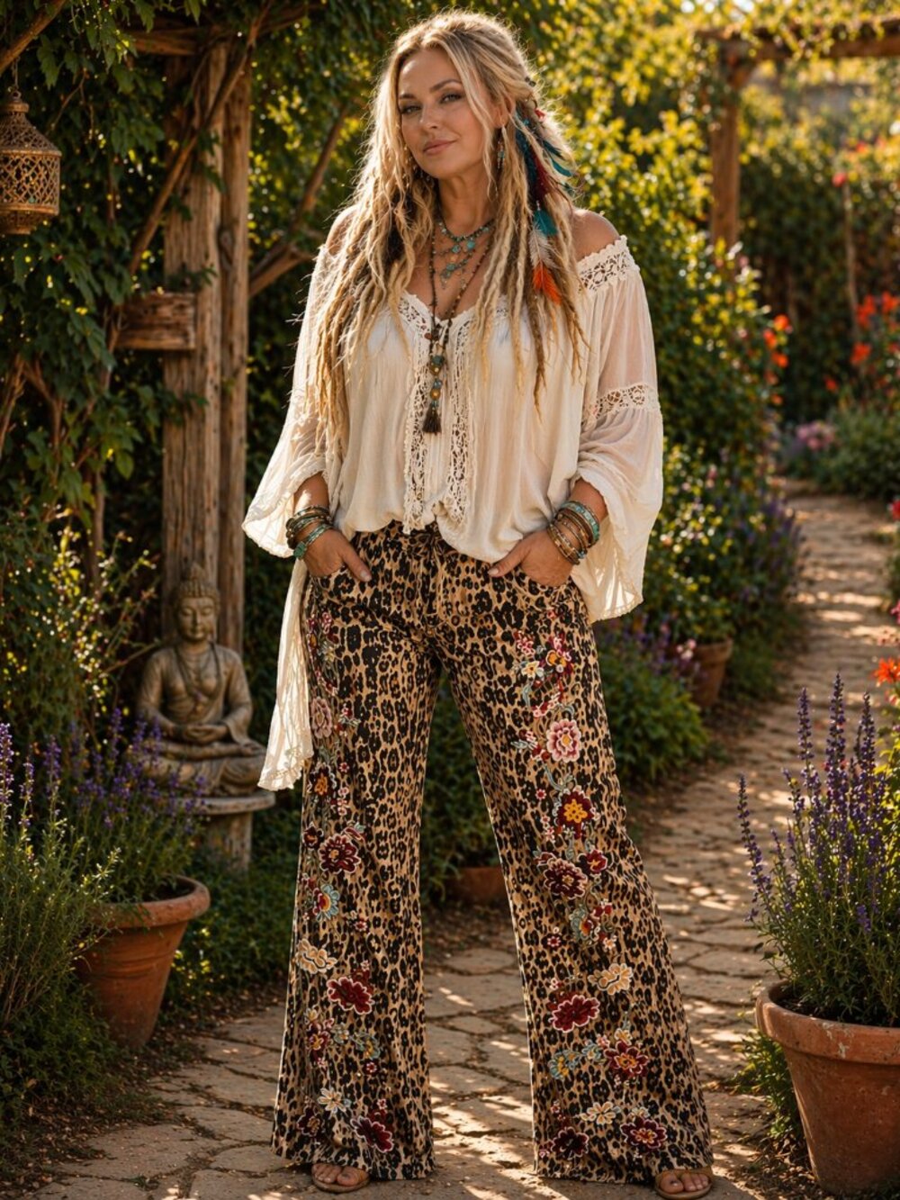Women’s Leopard Print Boot Cut Jeans with Floral Embroidery - Khaki - Picture 3 of 10